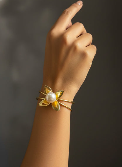 Pearl Flower Handmade Brass Cuff Bracelet