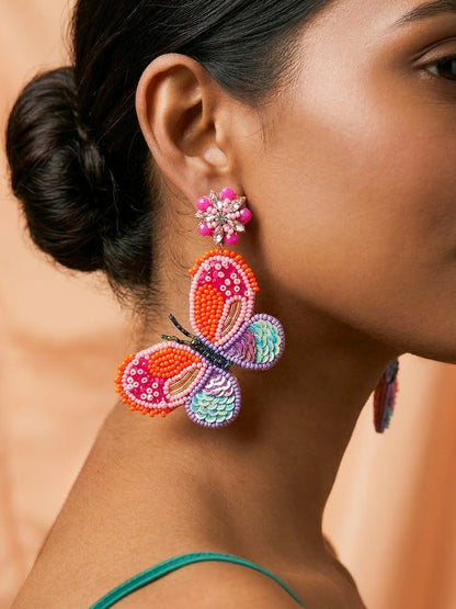 Paradise Sunset Orange Pink Handmade Beaded Butterfly Earrings