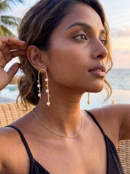 Celestial Arc Pearl Handmade Brass Earrings
