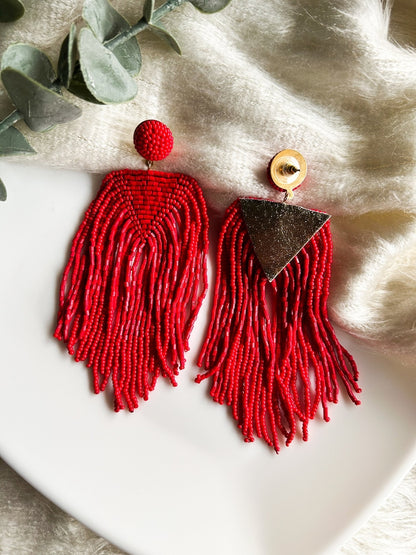 Luxe Crimson Handmade Beaded Tassel Earrings