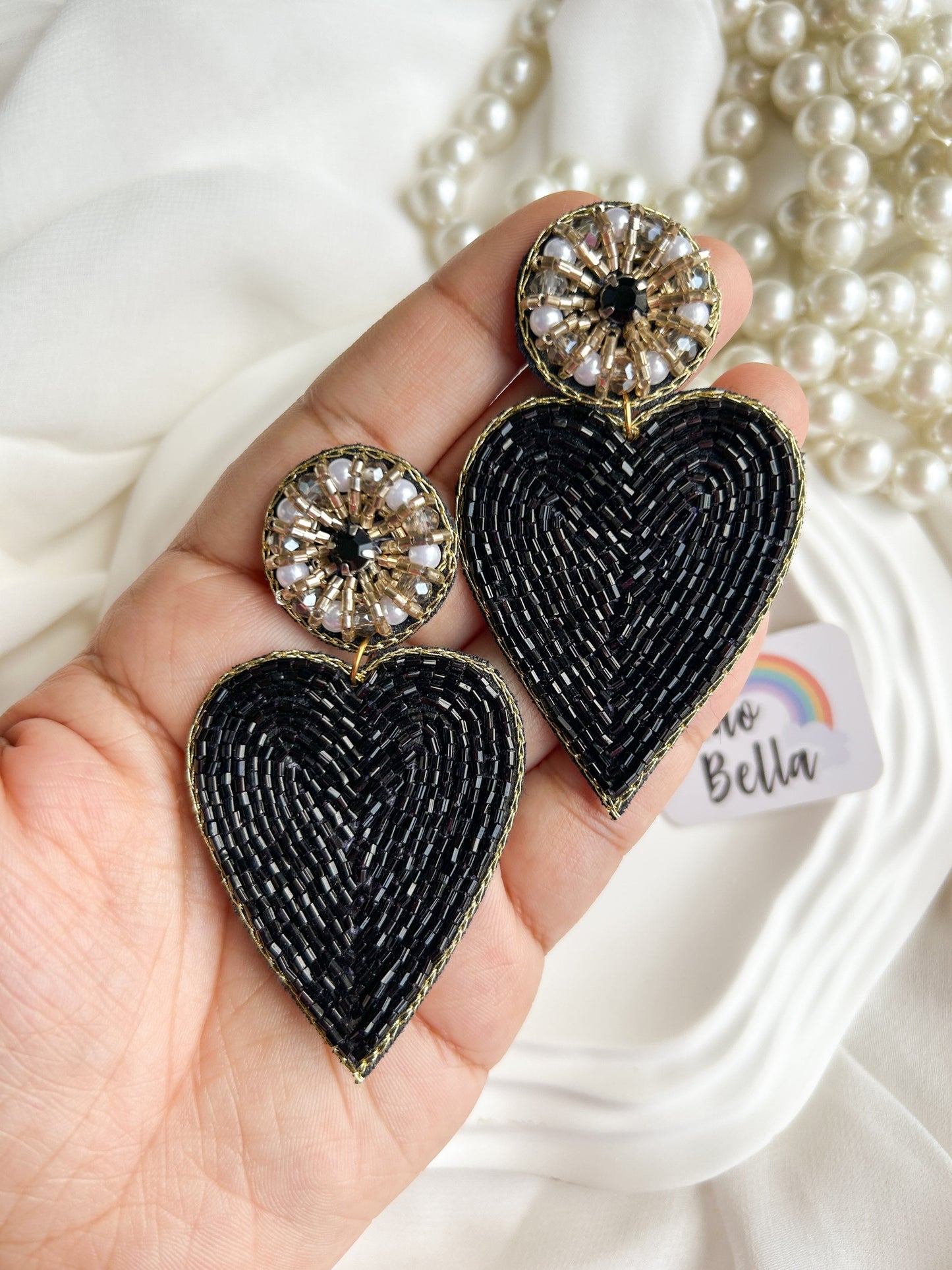 Glam Black Heart Drop Handmade Beaded Earrings