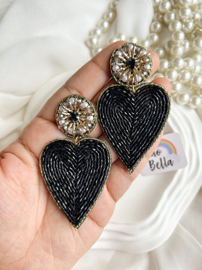 Glam Black Heart Drop Handmade Beaded Earrings