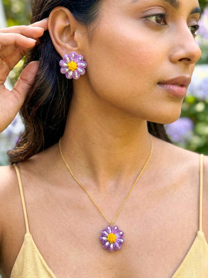 Sparkling Lilac Purple Flower Handmade Beaded Necklace + Earrings Set