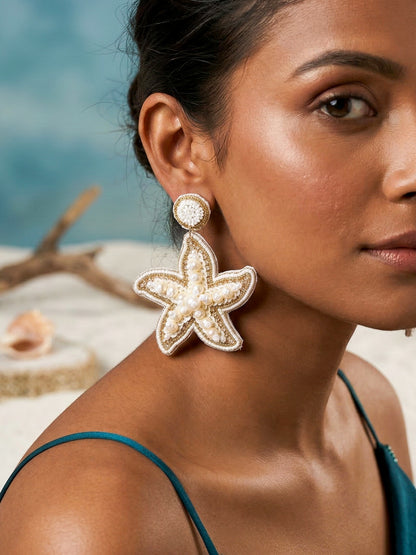 Ivory Pearl Glam Starfish Handmade Beaded Earrings