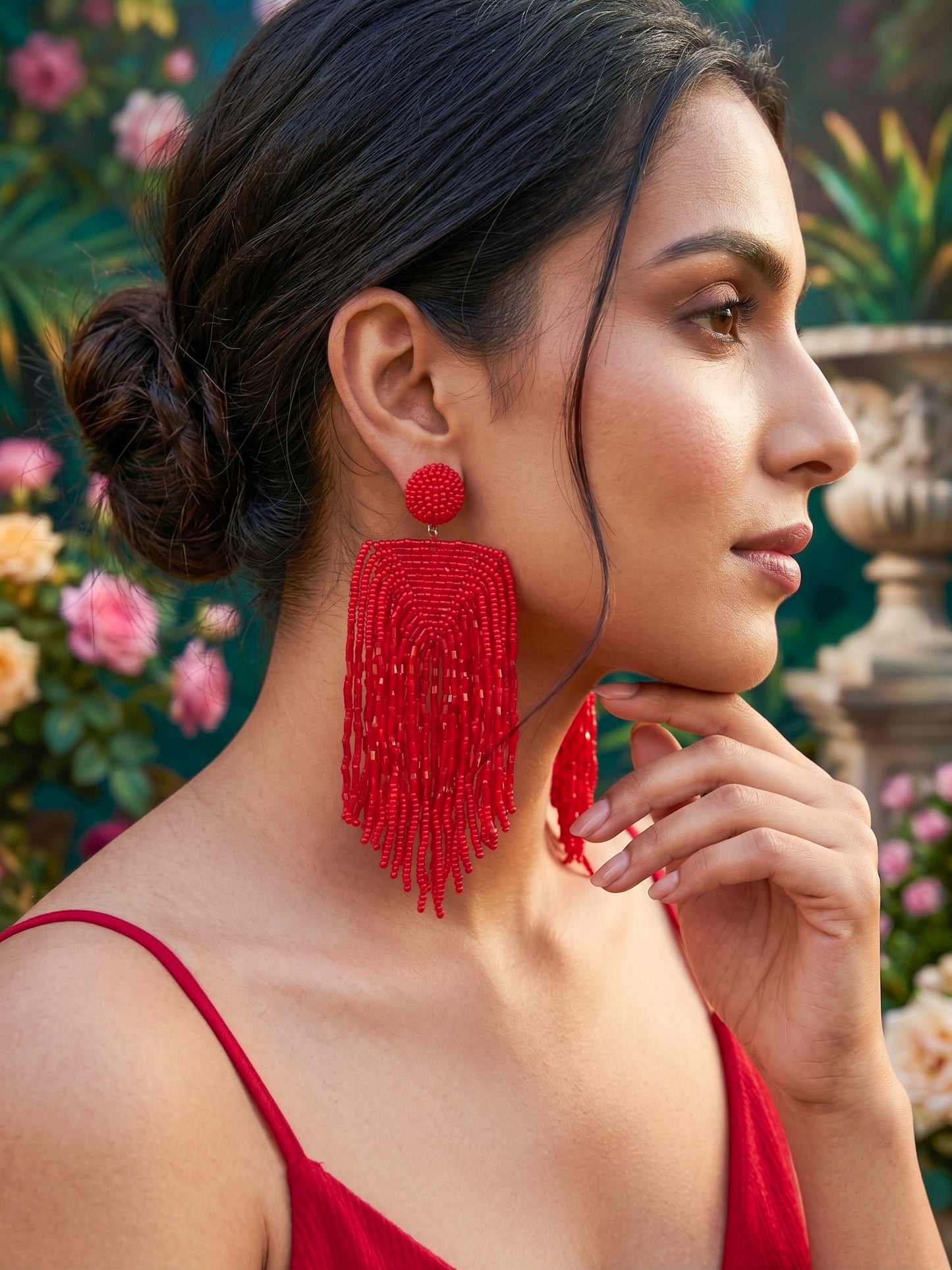 Luxe Crimson Red Handmade Beaded Tassel Earrings