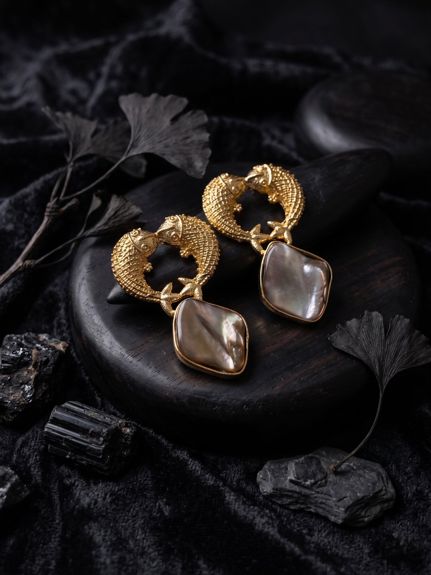 Golden Pisces Mother Of Pearl Handmade Brass Earrings
