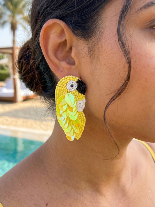 Sunny Yellow Parrot Handmade Beaded Bird Earrings