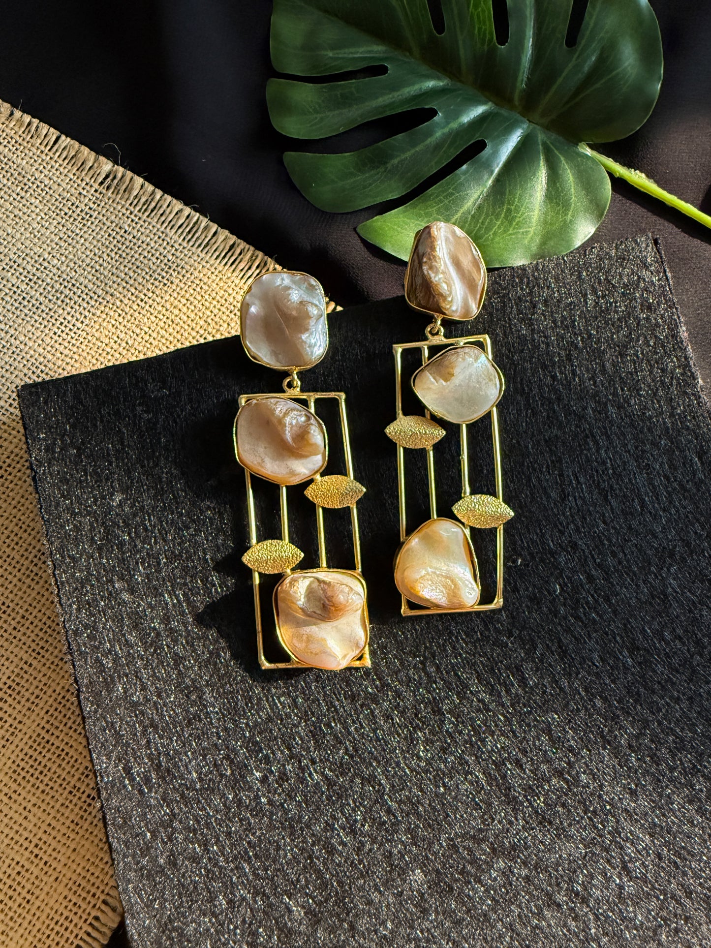 Ivy Leaf Pearl Handmade Brass Earrings
