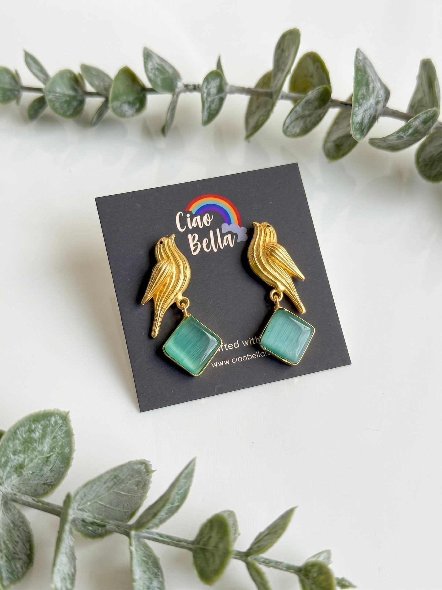 Hello Birdie Handmade Brass Earrings - Teal Diamond