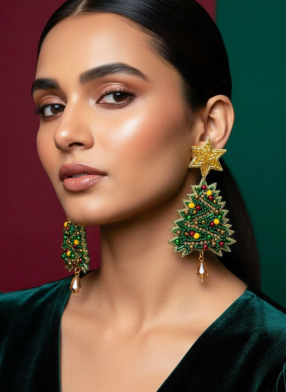 Sparkling Christmas Tree Handmade Beaded Earrings