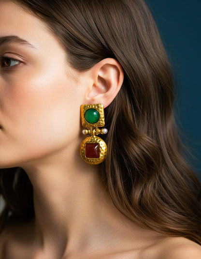 Retro Alloy Resin Green Red 18k Gold Plated Drop Earrings