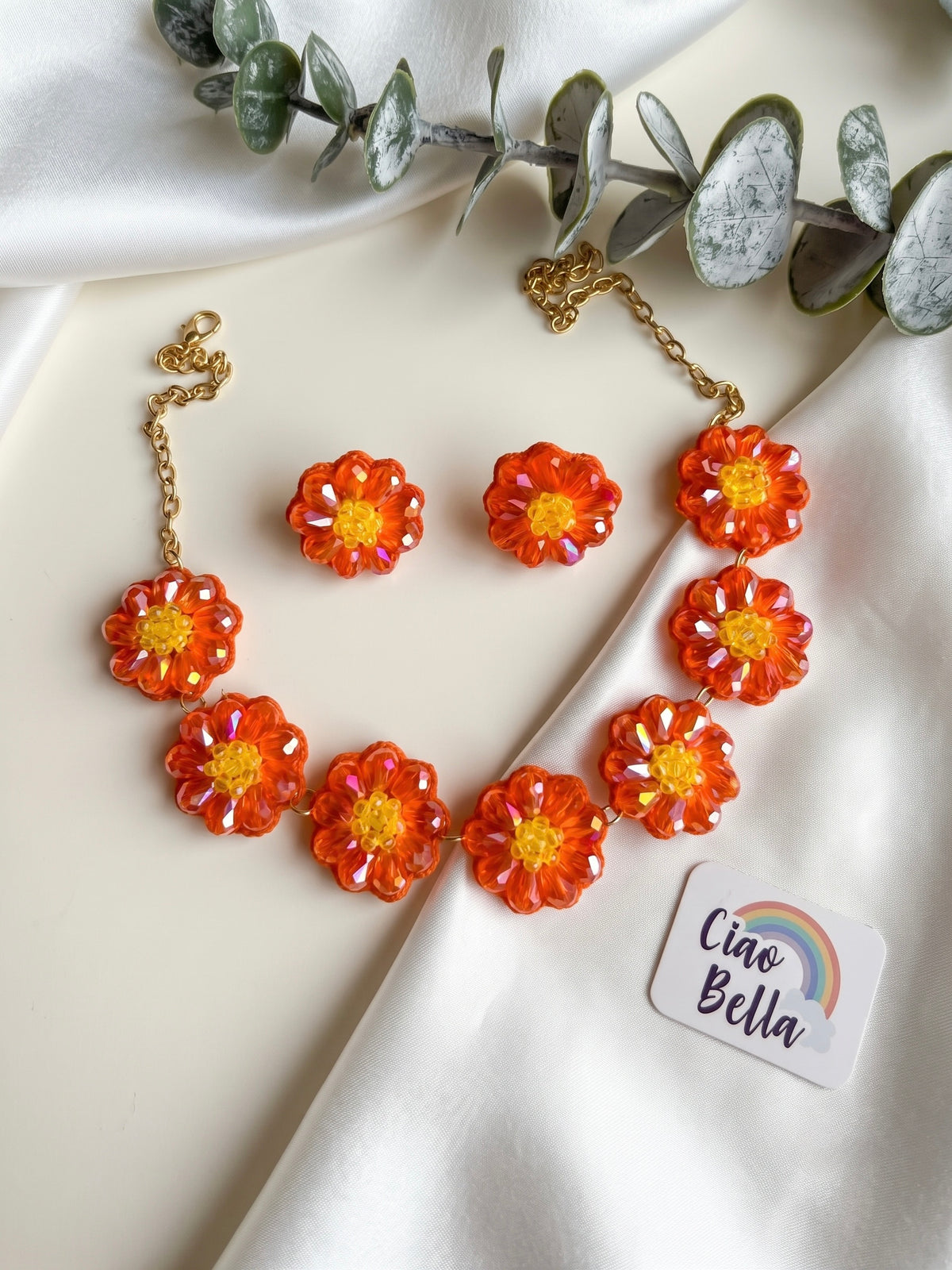 Sparkling Orange Daisy Flower Handmade Beaded Necklace + Earrings Set