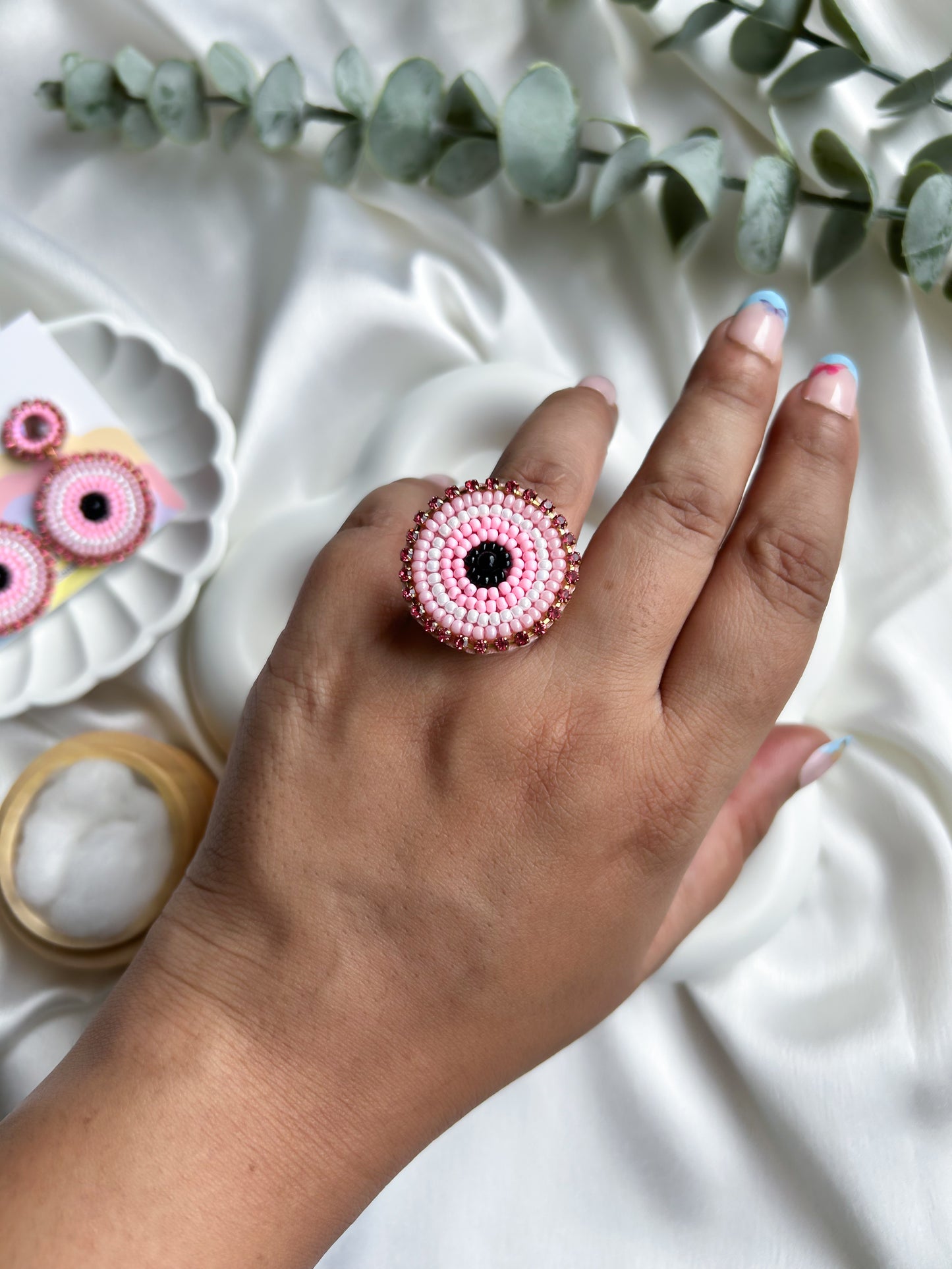 Blush Pink Evil Eye Handmade Beaded Ring