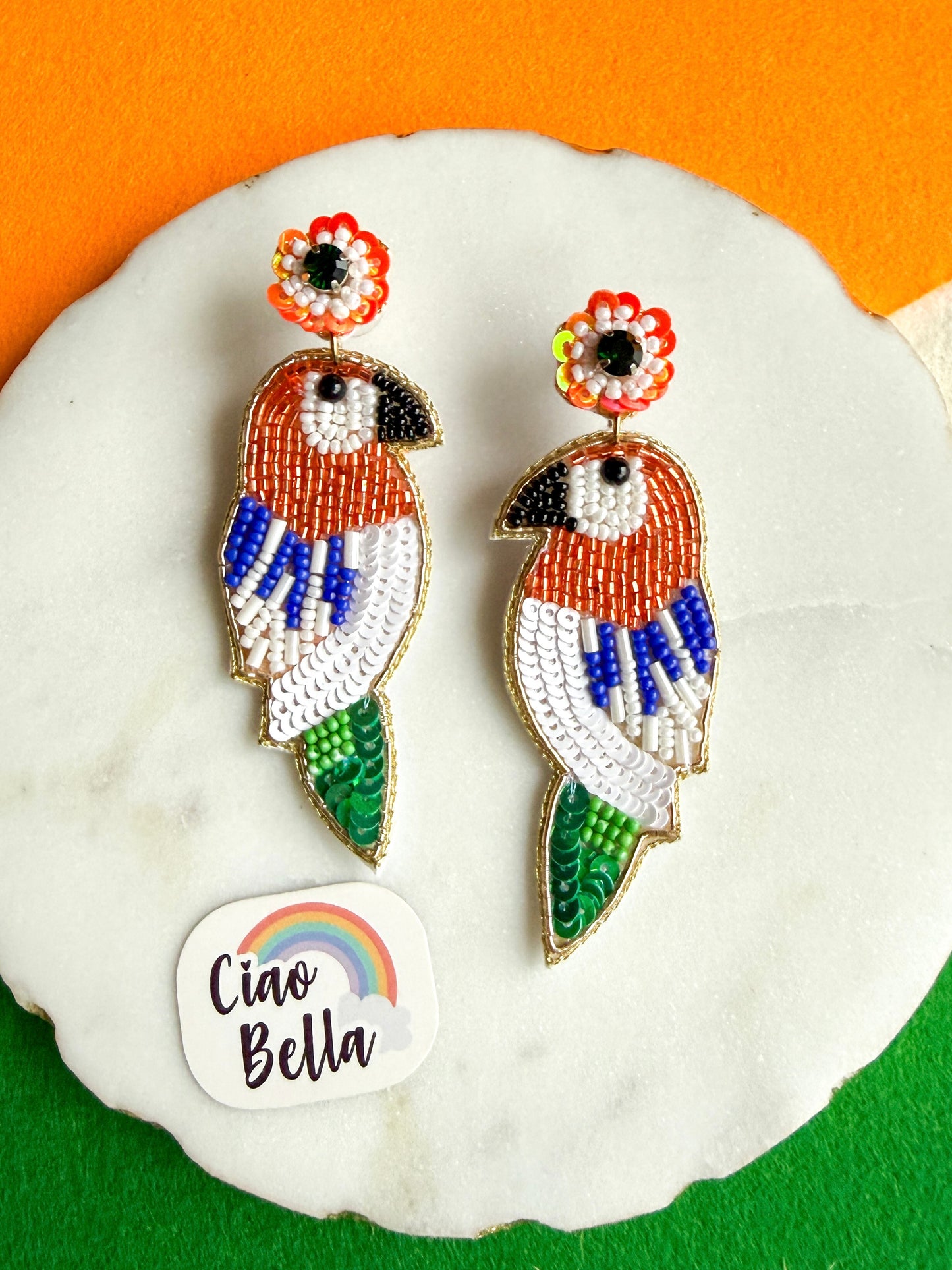 Tiranga Parrot Handmade Tricolour Beaded Bird Earrings