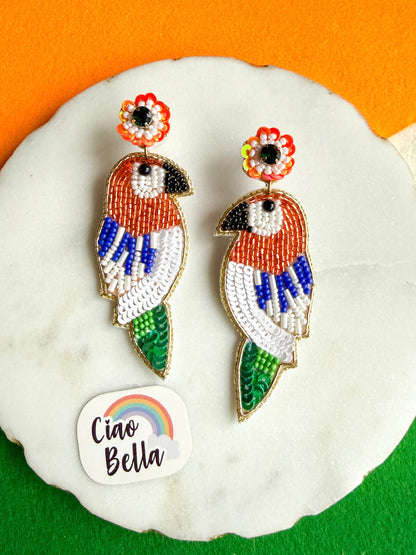 Tiranga Parrot Handmade Tricolour Beaded Bird Earrings