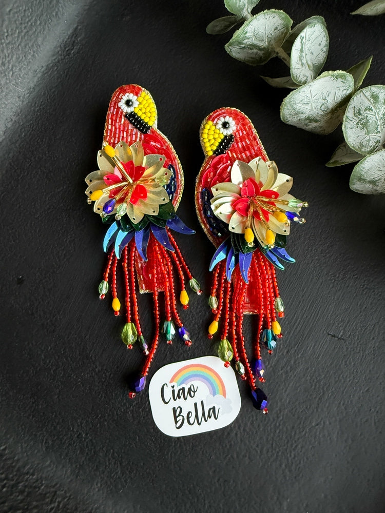 Luxe Paradise Red Parrot Handmade Beaded Bird Earrings