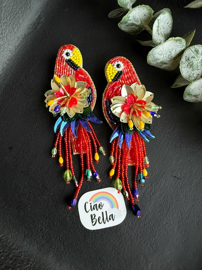 Luxe Paradise Red Parrot Handmade Beaded Bird Earrings