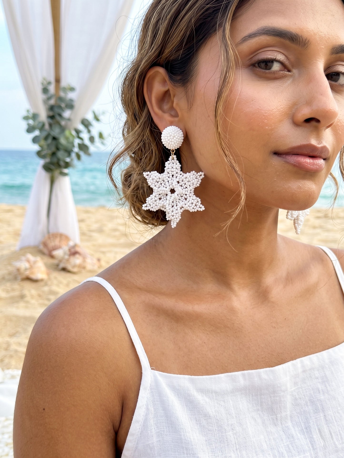 Delicate Snowflake 3D Crochet Handmade Beaded Earrings