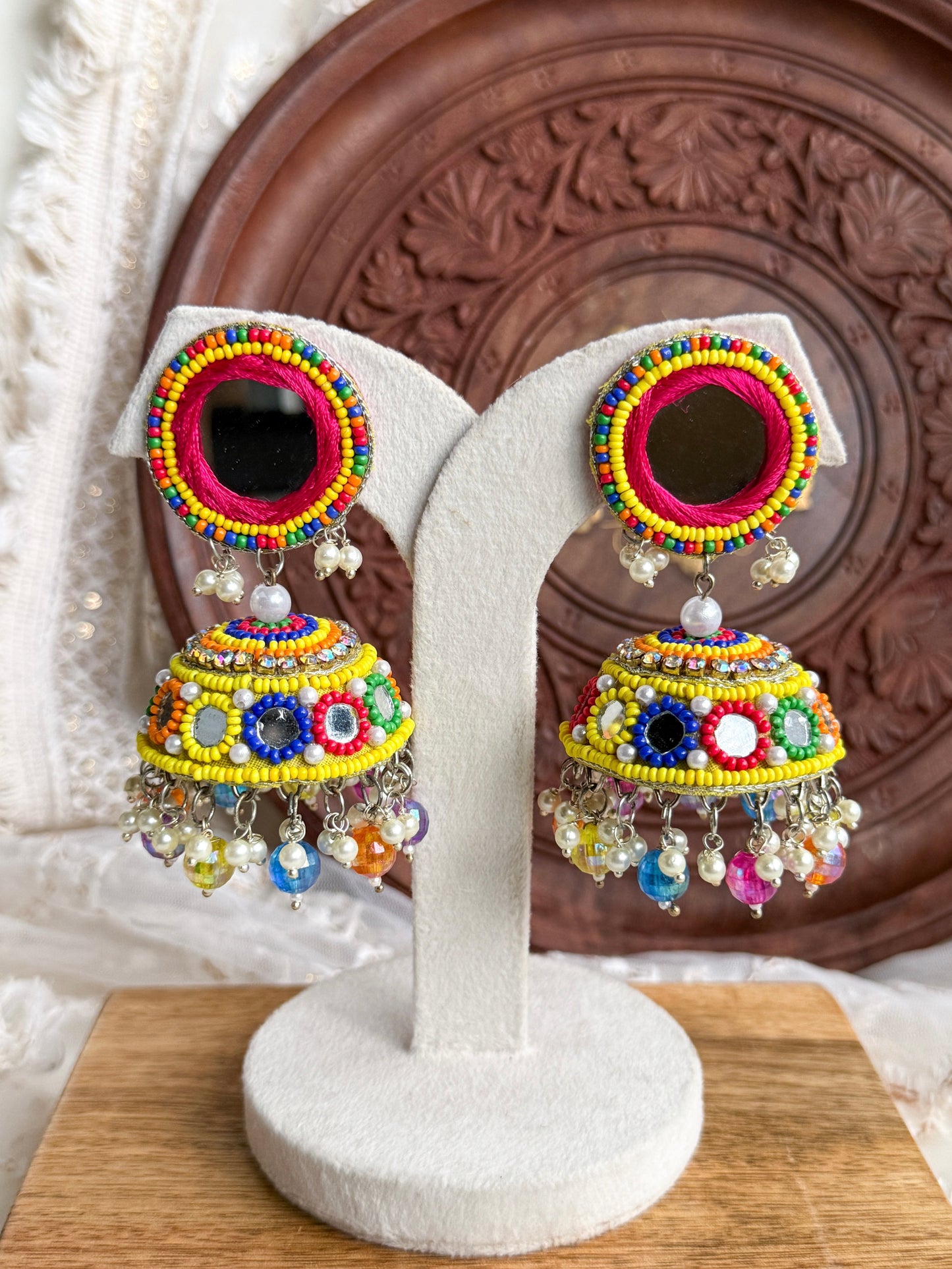 Rangili Mirror Handmade Beaded Jhumka Earrings