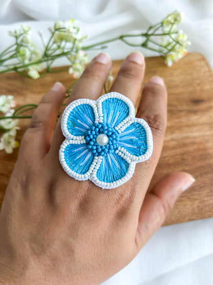 Cool Blue Blossom Handmade Beaded Ring