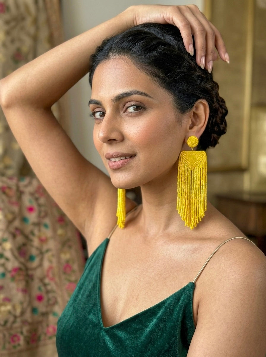 Luxe Sunny Yellow Handmade Beaded Tassel Earrings