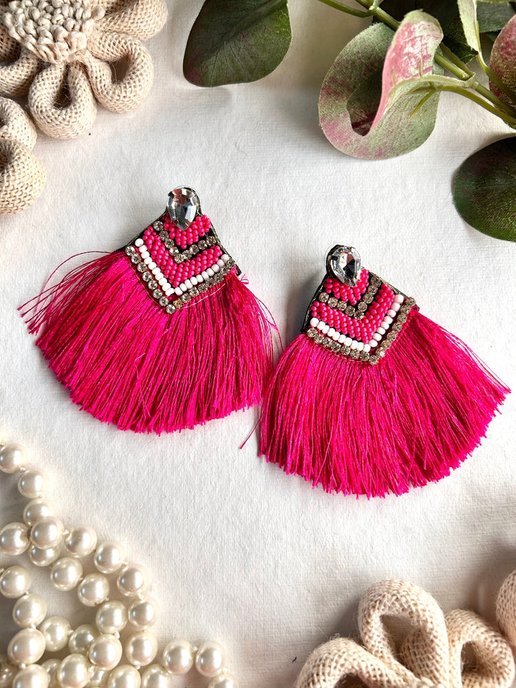 Hot Pink Handmade Beaded Tassel Earrings