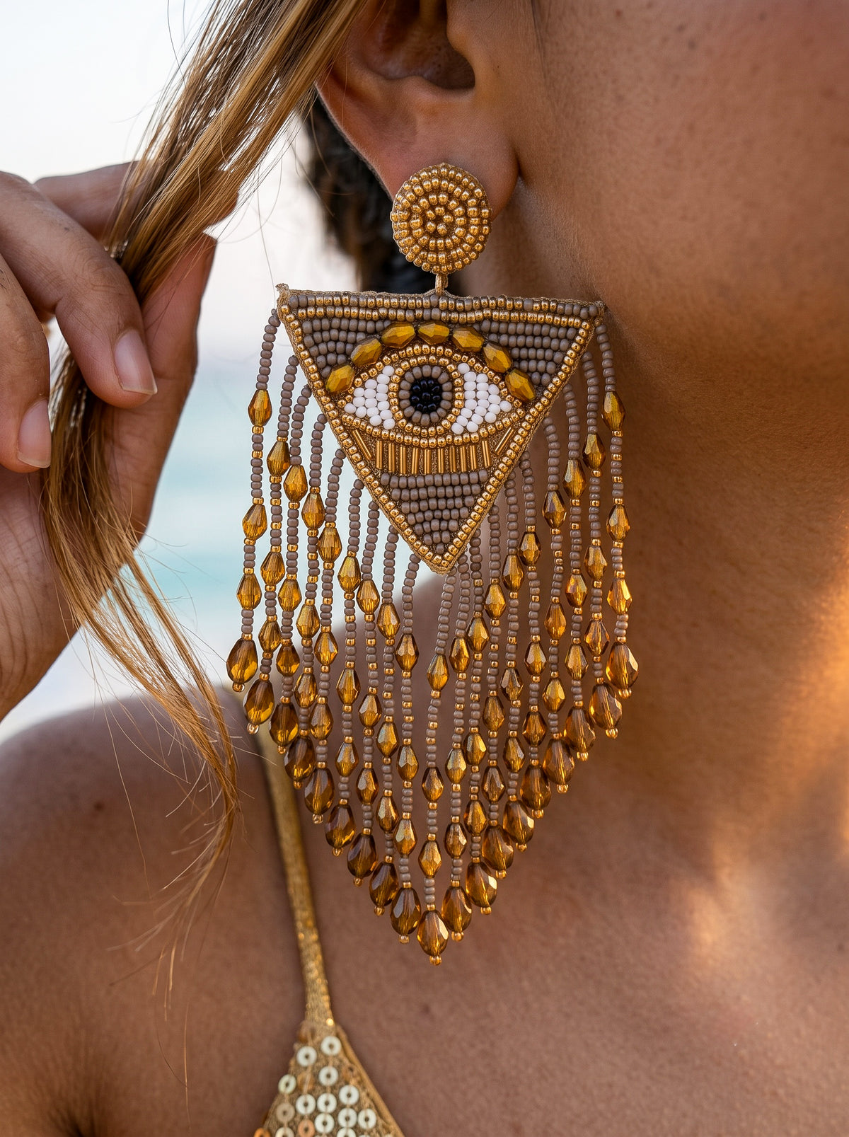 Luxe Evil Eye Bronze Handmade Beaded Tassel Earrings