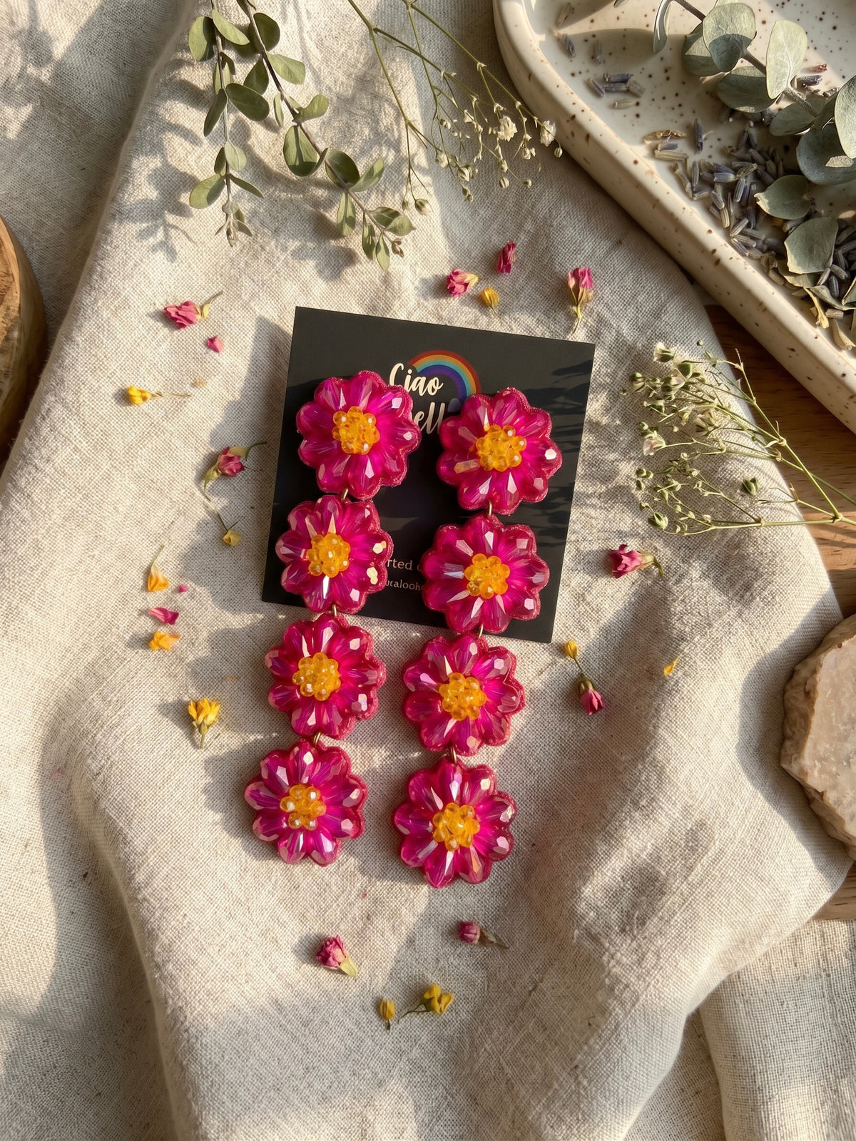 Sparkling Hot Pink Daisy Flower Handmade Beaded Drop Earrings