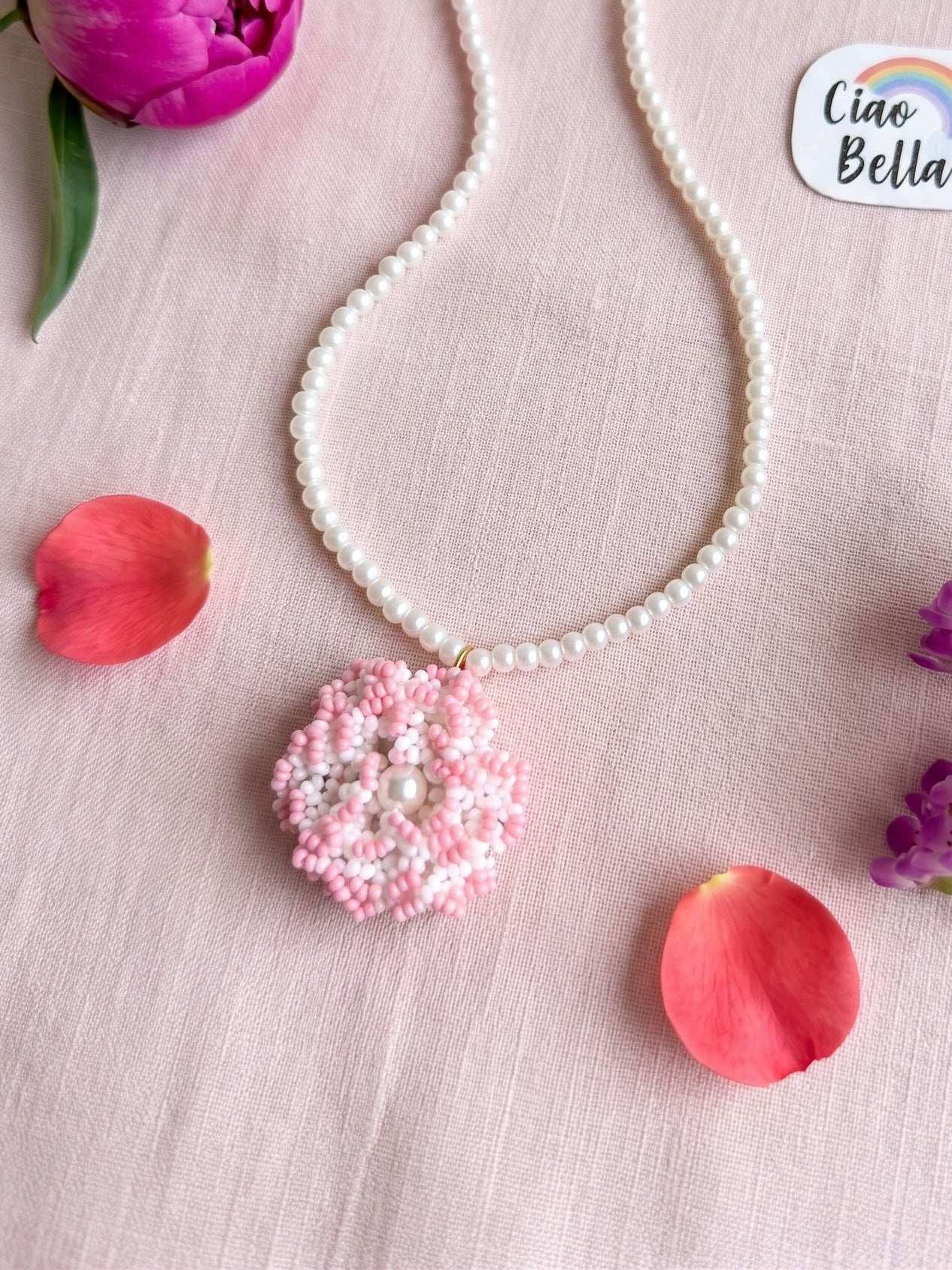 Crochet White Blush Pink 3D Rose Flower Handmade Beaded Necklace