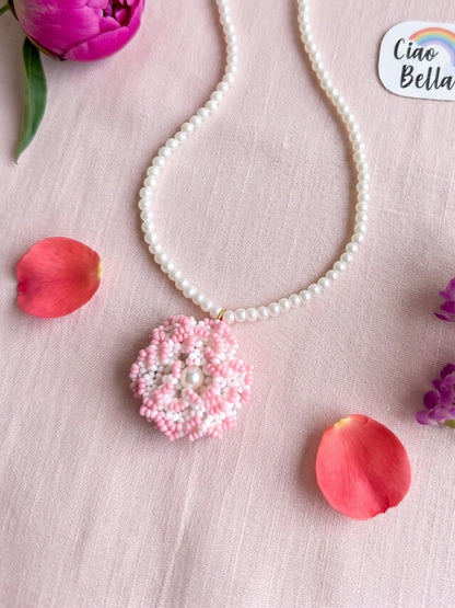 Crochet White Blush Pink 3D Rose Flower Handmade Beaded Necklace