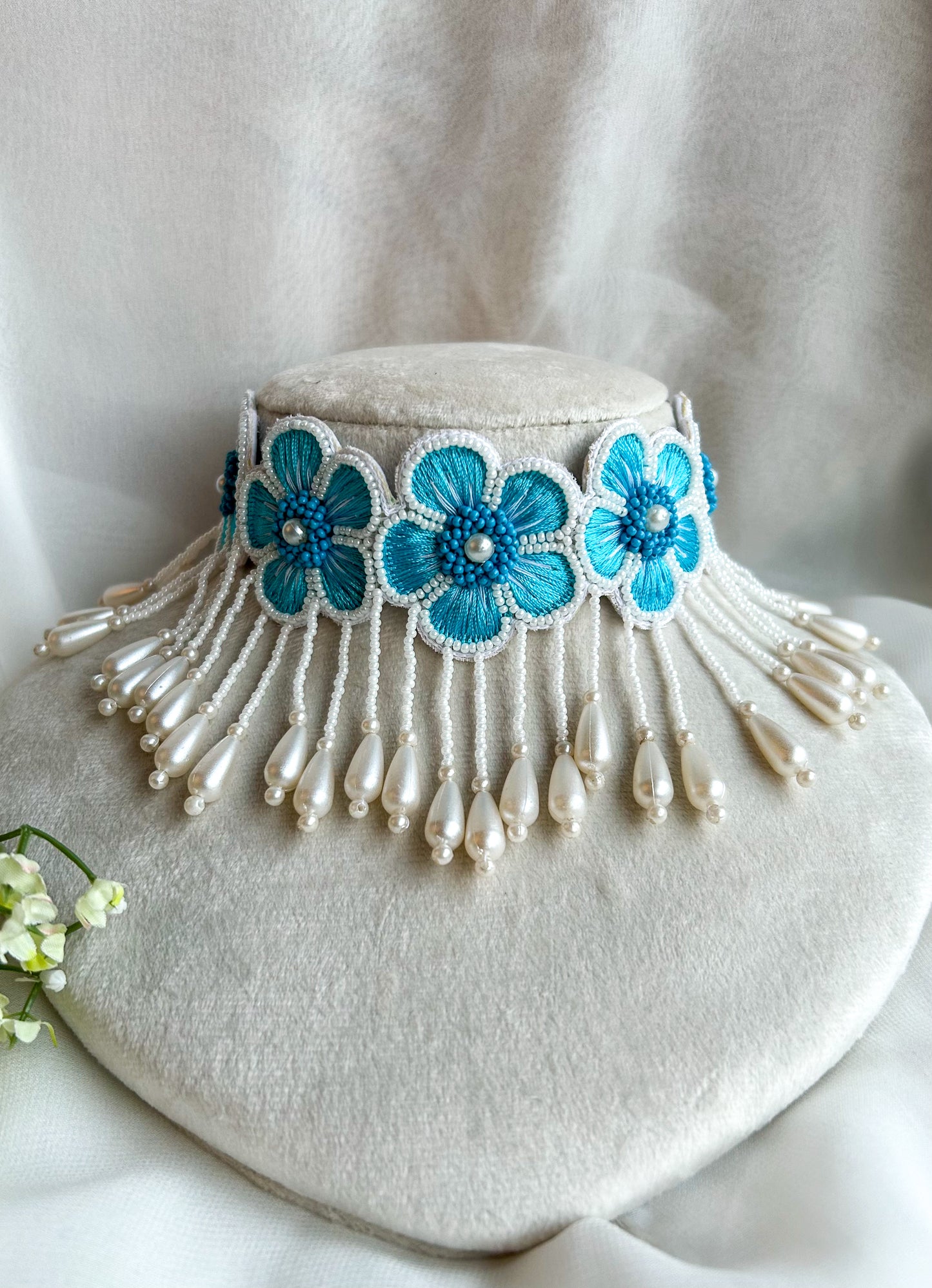 Cool Blue Blossom Handmade Necklace + Earrings + Ring Set