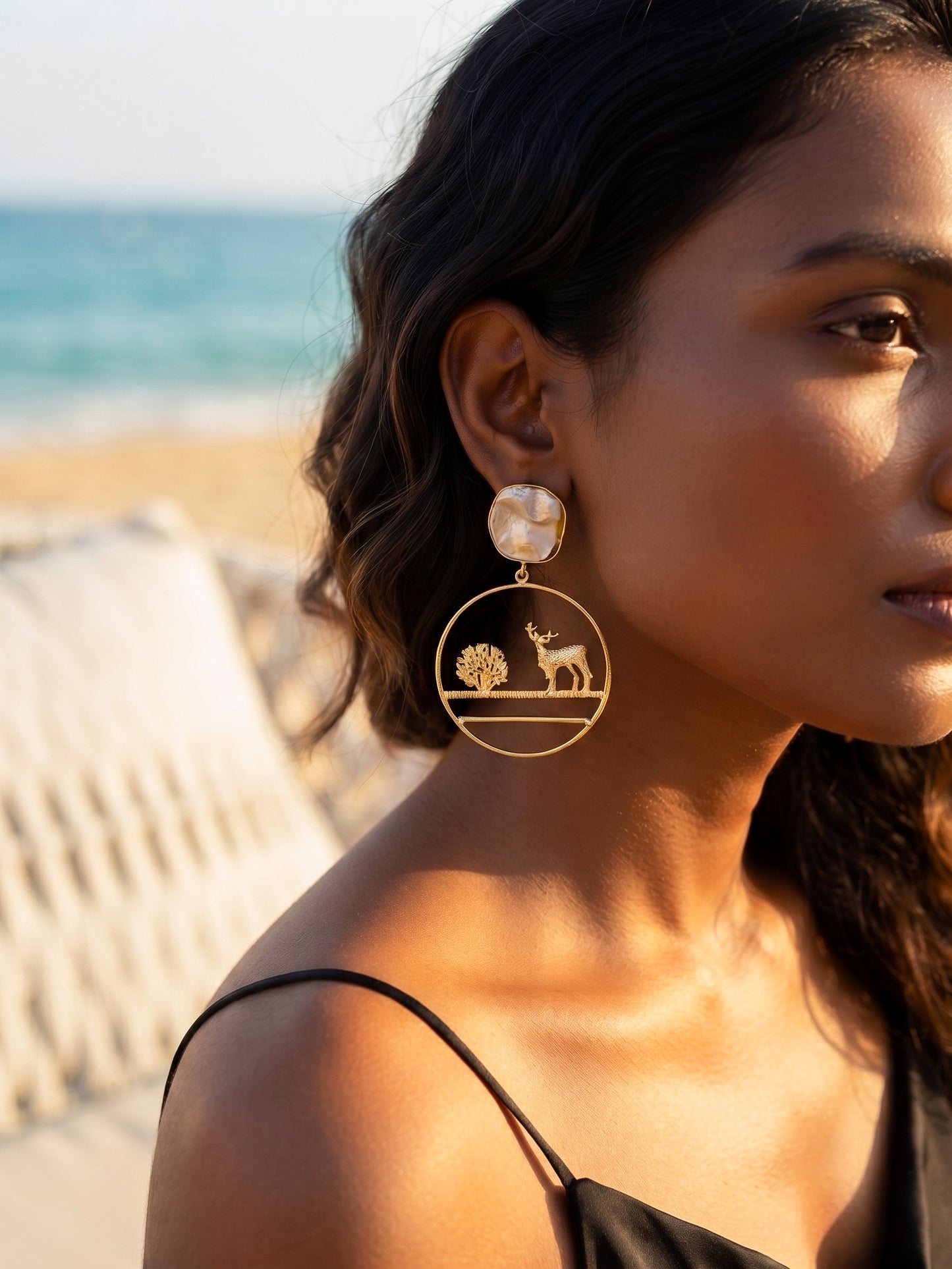 Sacred Deer Mother Of Pearl Handmade Brass Earrings