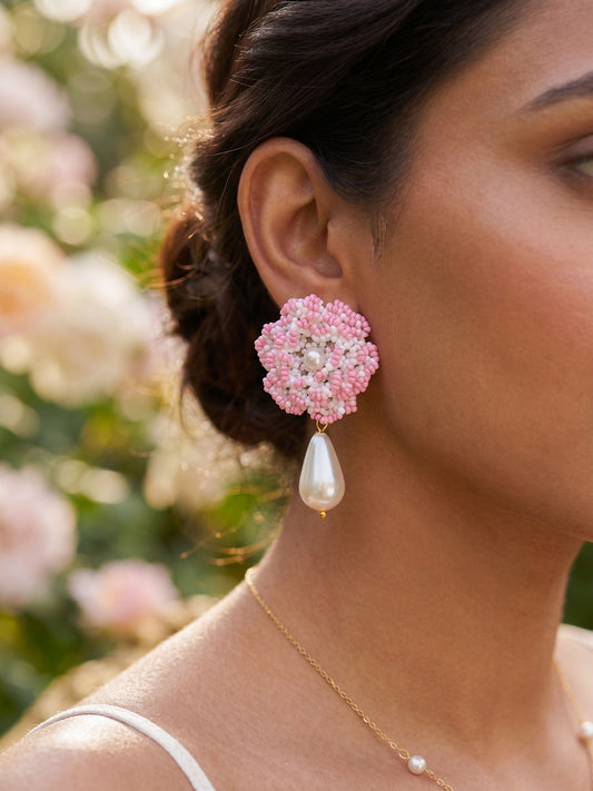 Crochet White Blush Pink 3D Rose Pearl Drops Flower Handmade Beaded Earrings