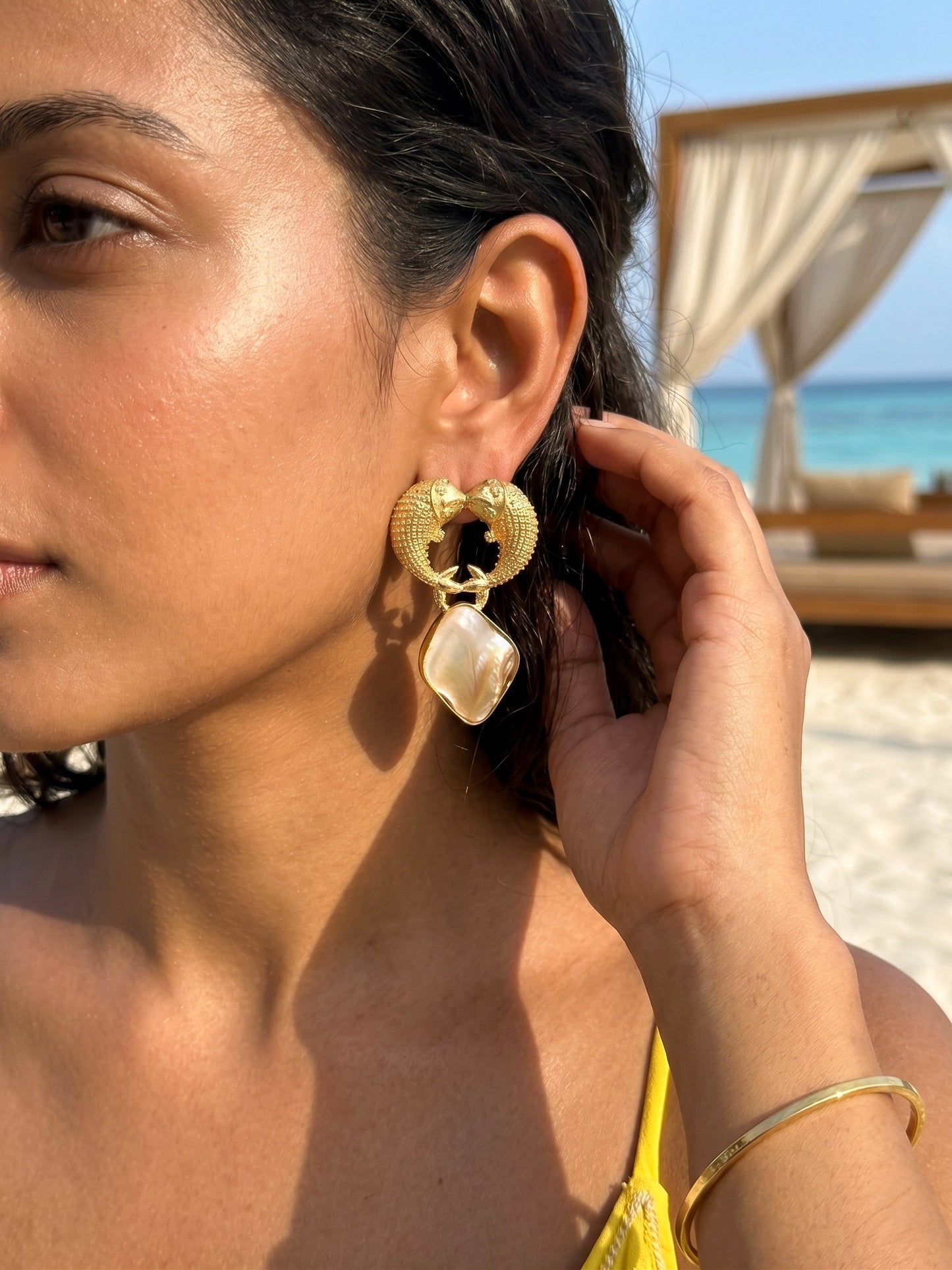 Golden Pisces Mother Of Pearl Handmade Brass Earrings