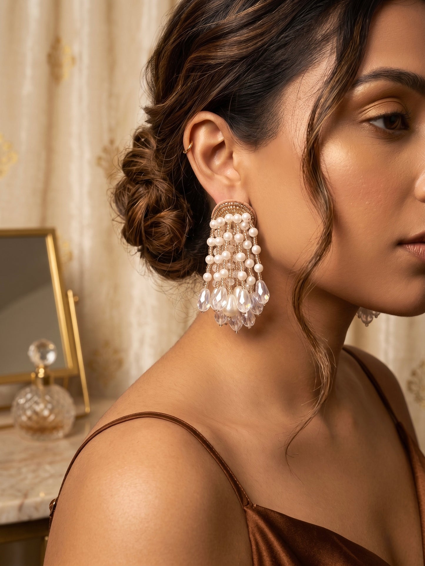 Rosalie Rose Gold Pearl Fall Handmade Beaded Earrings