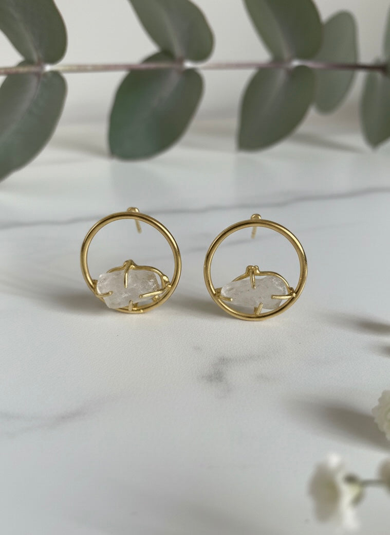 Sera White Round Stud Handmade Brass Earrings
