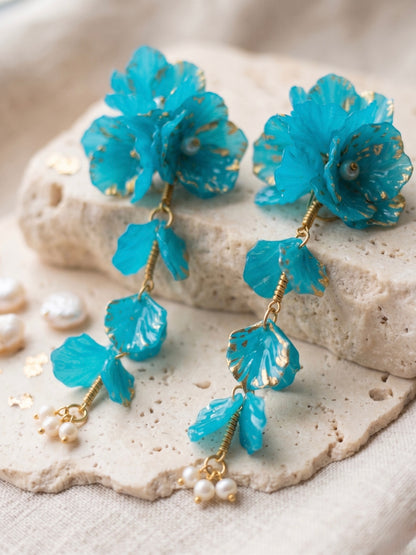 Aurelia Flower Teal Blue Statement Handmade Beaded Earrings