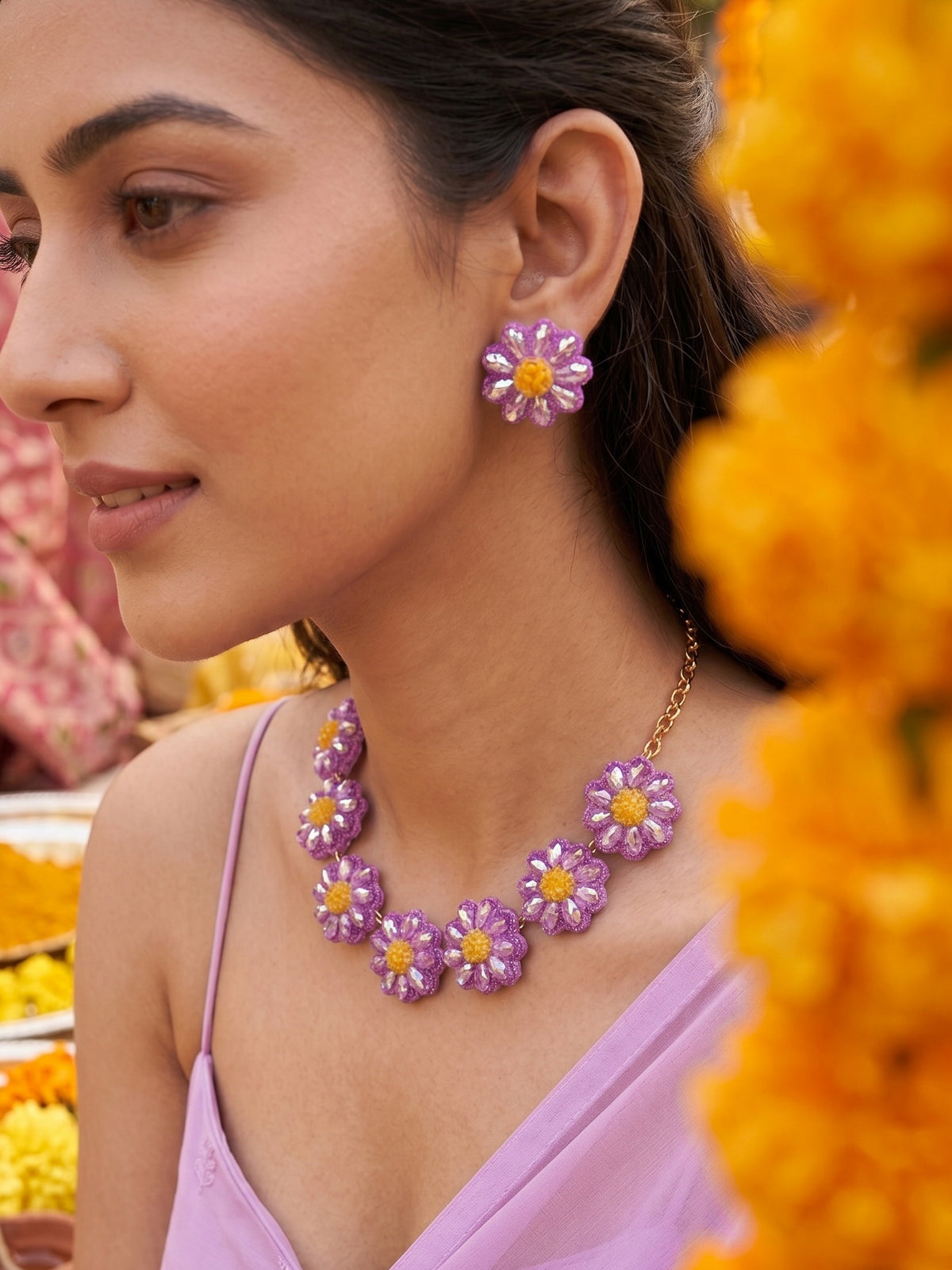 Sparkling Lilac Purple Daisy Handmade Beaded Necklace + Earrings Set