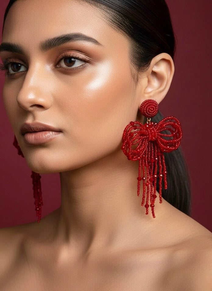 Pookie Bow (Deep Red) Handmade Beaded Earrings