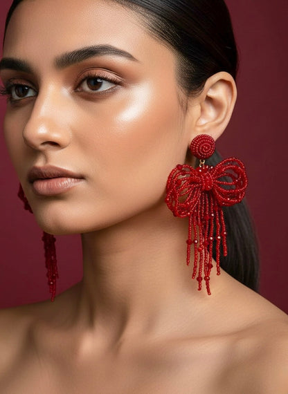 Pookie Bow (Deep Red) Handmade Beaded Earrings