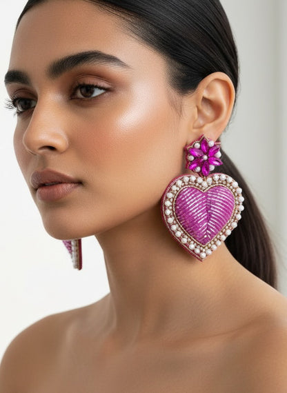 Ishqiya Pink Heart Drop Handmade Beaded Earrings
