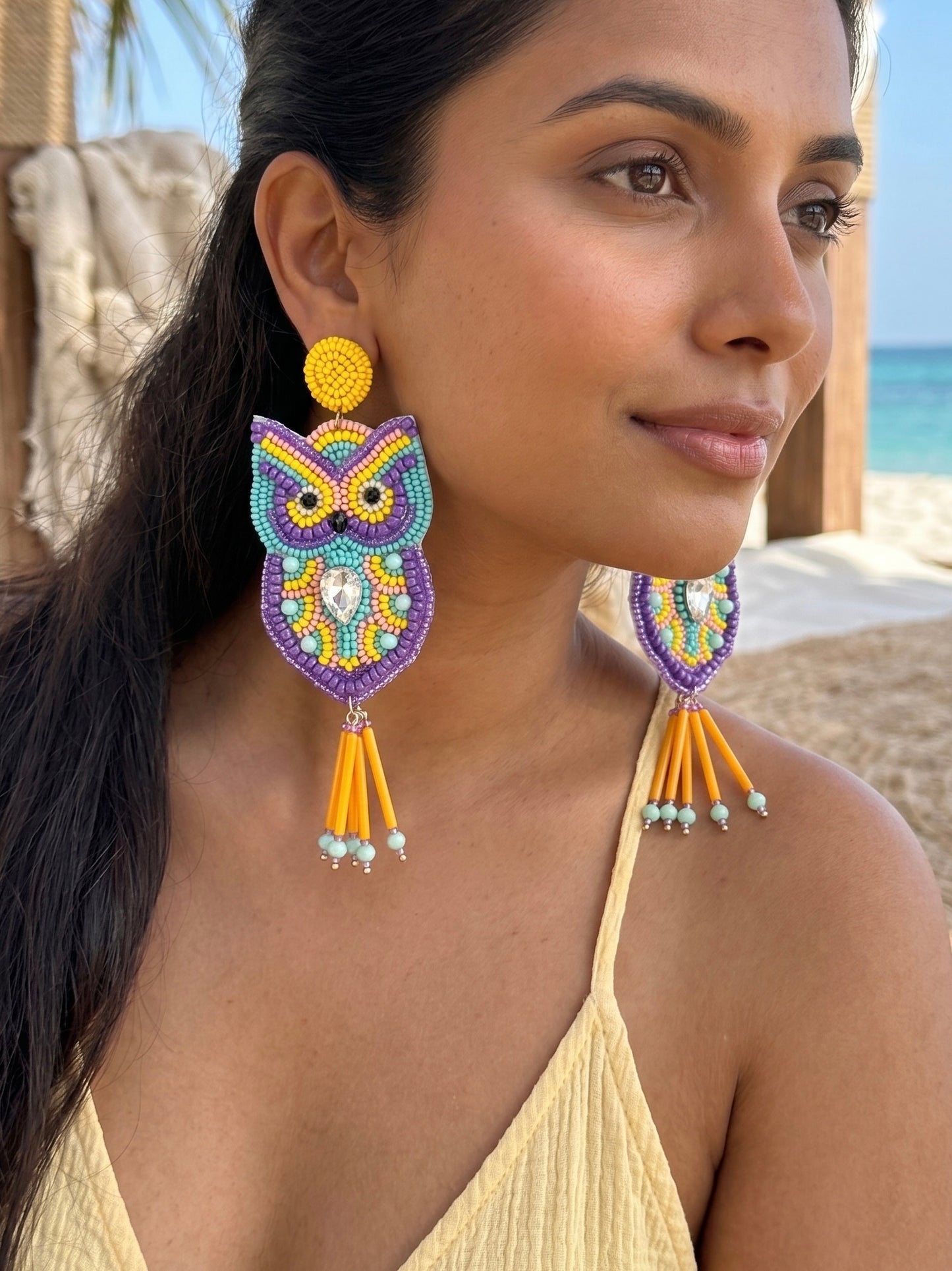 Chirpy Owl Yellow Handmade Beaded Bird Earrings