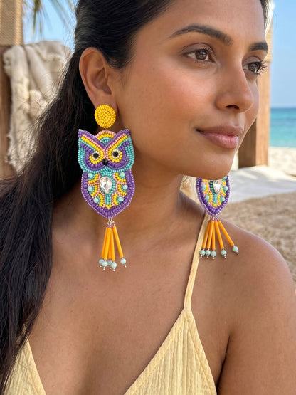 Chirpy Owl Yellow Handmade Beaded Bird Earrings