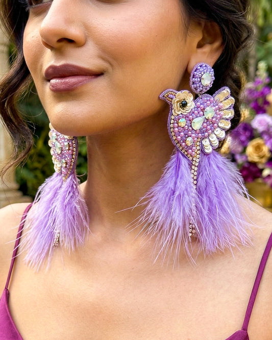 Glamorous Lilac Purple Birdies Handmade Beaded Bird Earrings