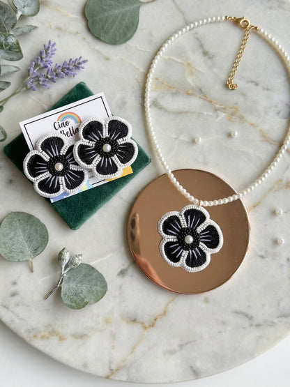 Twilight Black Blossom Flower Handmade Beaded Necklace + Earrings Set