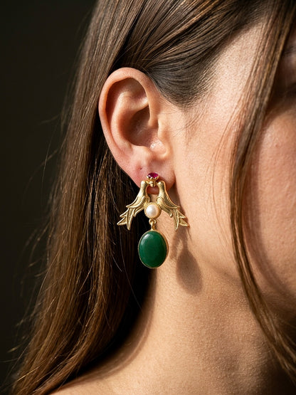 Love Birds Forest Green Monalisa Stone Handmade Brass Earrings
