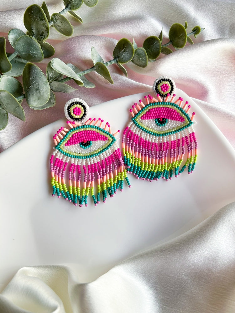 Pink Evil Eye Tassel Earrings