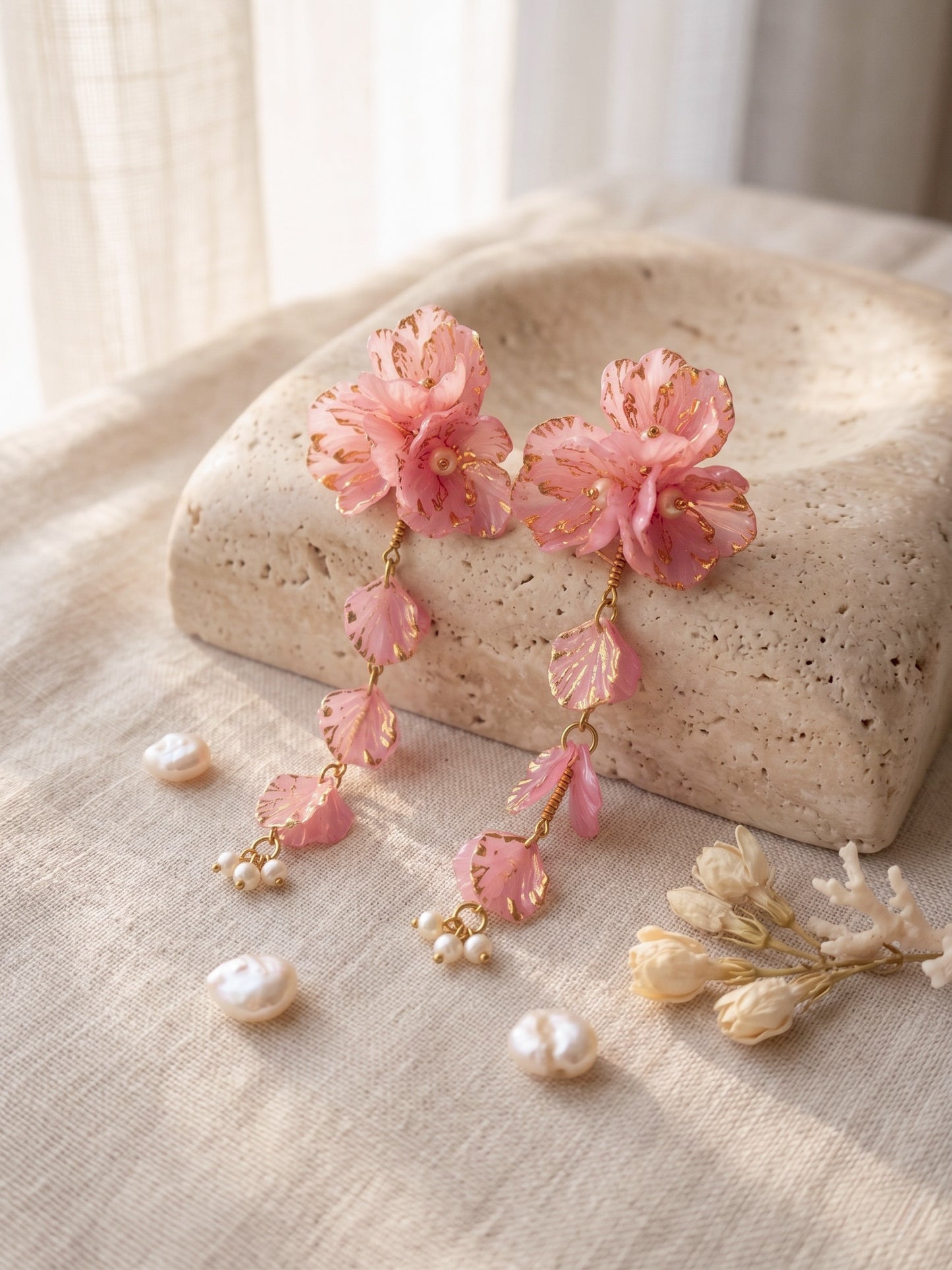 Aurelia Flower Blush Pink Statement Handmade Beaded Earrings