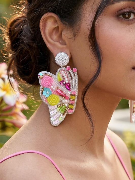 Kaleido Wings White Handmade Beaded Butterfly Earrings