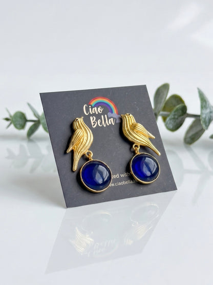 Hello Birdie Handmade Brass Earrings - Blue Round